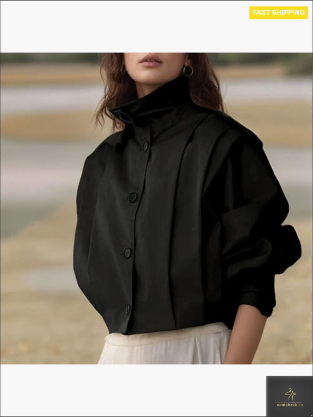 Cropped Pleated Jacket Casual Lapel Collar Long Sleeve Button Down Trench Coat - Picture 2 of 7